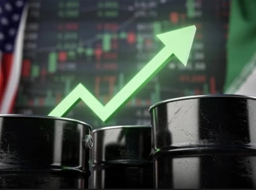 Green upward arrow with oil barrels and stock market chart background