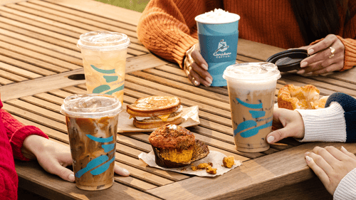 Seasonal fall beverages and food items shared at a table