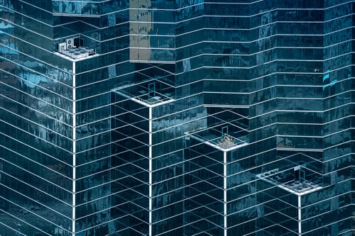 Multi-tiered city skyscraper from high vantage point