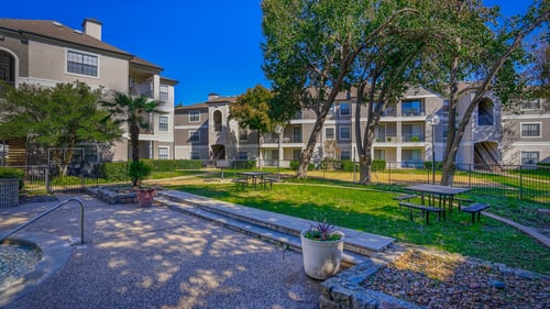 A swimming pool near the clubhouse at Saxony at Chase Oaks, Plano, TX