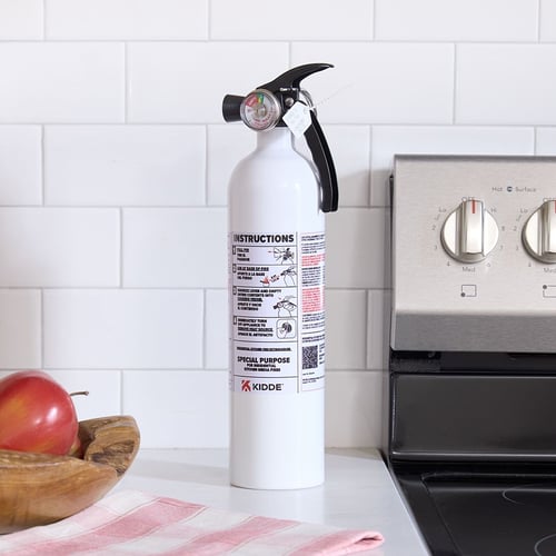 A kitchen fire extinguisher on the counter.