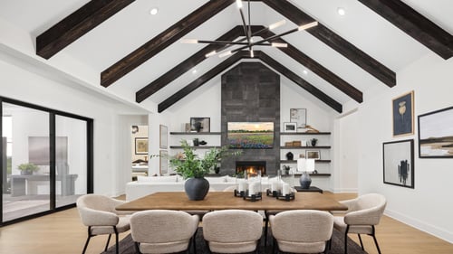 Open-concept main living space with cathedral ceilings