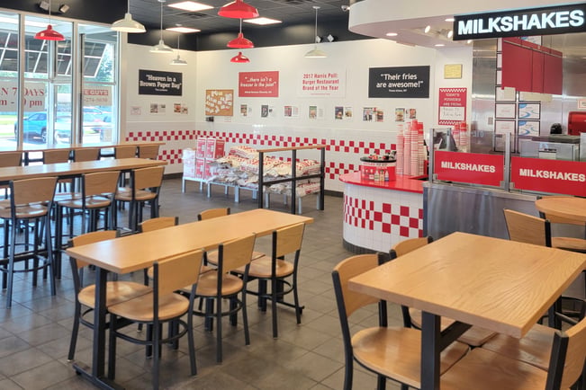 Photograph of the dining room of the Five Guys restaurant at 5399 South US Highway 41 in Terre Haute, Indiana.
