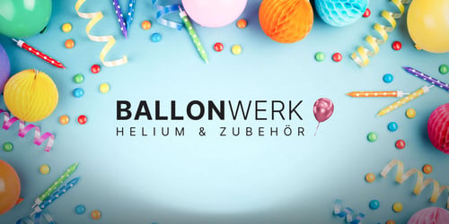 Ballonwerk Luftballons und das Logo von Ballonwerk erscheint auf einem Babyblauen Hintergrund der erleuchtet wird mit schwarzer Vignette
