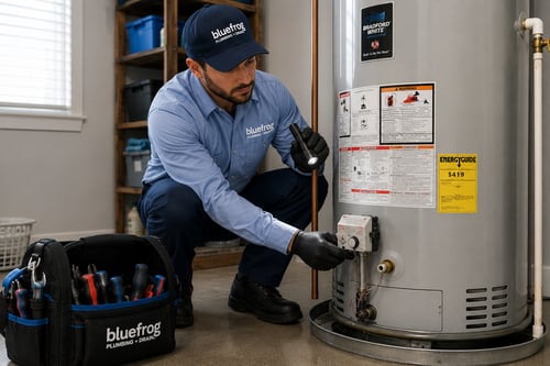 bluefrog plumber checking a traditional water heater