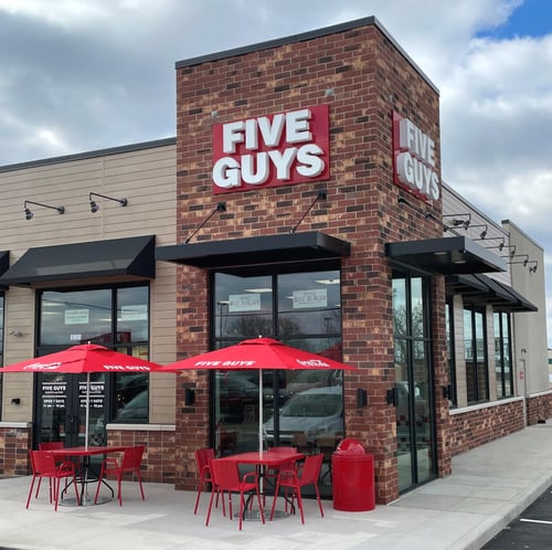 Exterior photograph of the Five Guys restaurant at 6900 South Lindbergh Boulevard in St. Louis, Missouri.