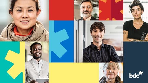 mosaic of entrepreneurs smiling and colorful shaped with the bdc logo in the bottom right