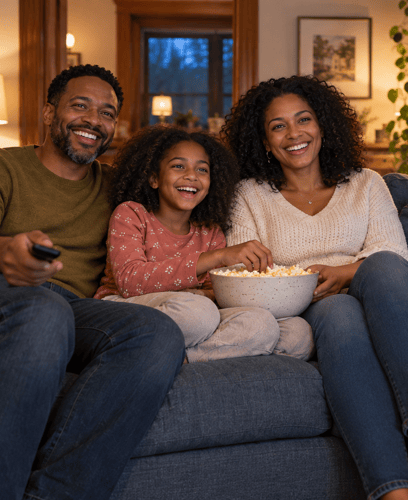 Family sharing popcorn on a living room couch while enjoying a movie night, viewed from the television’s perspective.