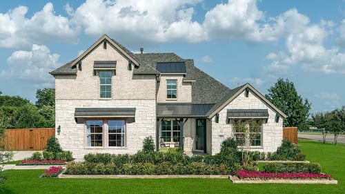 two-story family home with white stone exterior