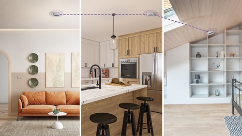 A image split in three, showing a living area, a kitchen and a loft area, with alarms going off, and a dotted line connecting all 3 alarms.