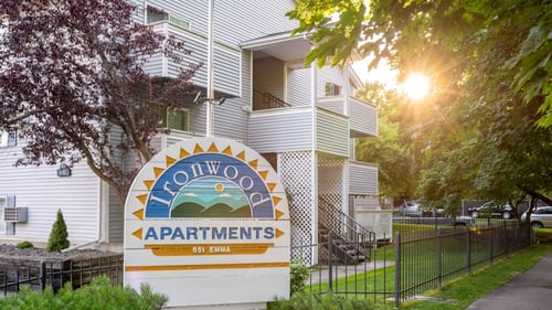 Welcome signage at Ironwood Apartments, Coeur d'Alene, ID