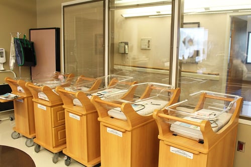 View of several bassinets ready to hold infants