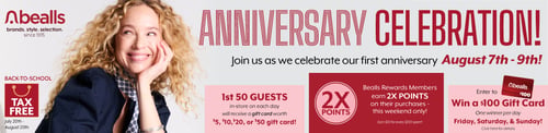 1 Year Anniversary Celebration of bealls in Palmetto, FL, August 7th-9th, 2026.