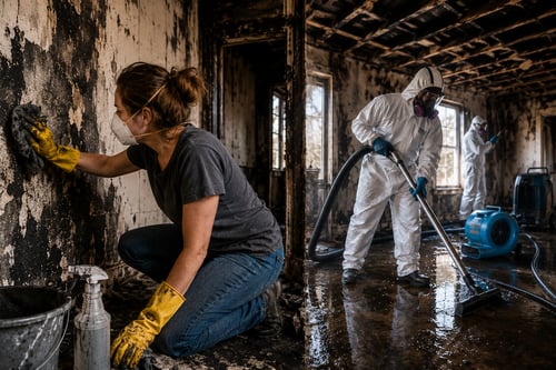 Professional fire damage cleanup after a house fire with soot removal and restoration in a smoke-damaged home.