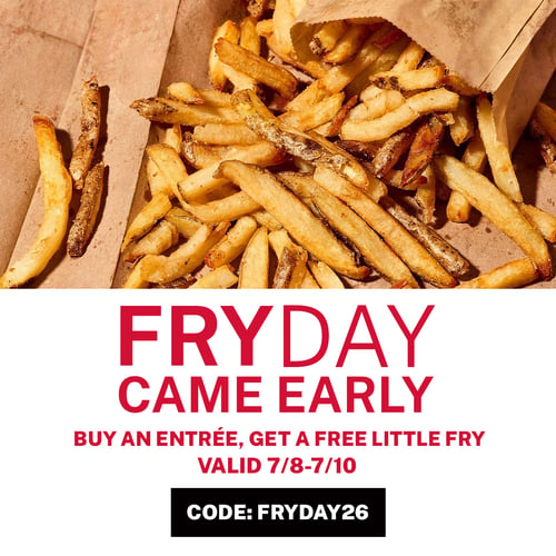 A Five Guys graphic for a National Fry Day promotion that features a top-down image of Five Guys fries spread across a brown paper bag.