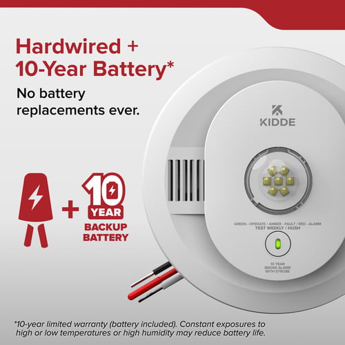 50SA10-S: Hardwired + 10-year battery: No batter replacements ever. 10-Year limited warranty (battery included). Constant exposures to high or low temperatures or high humidity may reduce battery life.