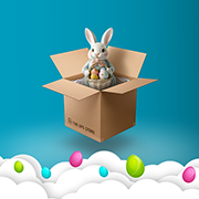 THE UPS STORE BRANDED BOX WITH AN EASTER BUNNY DECORATION INSIDE