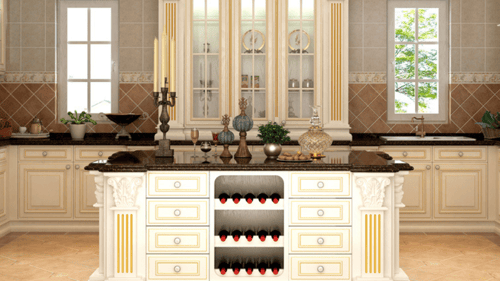 large kitchen island with various decorations on it