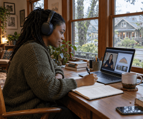Woman wearing headphones takes notes during an online class on her laptop in a Portland home office overlooking a leafy residential street.