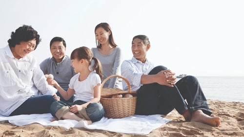 A joyful family sits on a beach enjoying a picnic. They share smiles under a bright sky. A wicker basket sits on a blanket, adding to the warm, relaxed atmosphere.