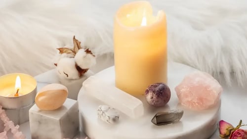 Candles and crystals on table
