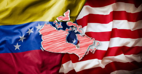 Map of Canada overlaid with the flags of Venezuela, and the United States, symbolizing international trade or diplomatic relations