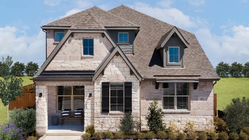 large multi-story home with stone exterior and covered front porch patio