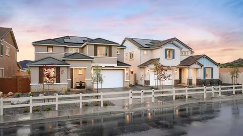 Street view of model homes in Crest at Banner Park by Pulte Homes in Menifee, CA.
