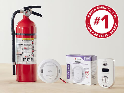 Kidde's comprehensive suite of products, including smoke and carbon monoxide alarms, and fire extinguishers. Number 1 home safety fire brand badge at the top.