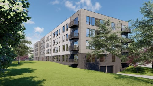 A modern apartment building with balconies and large windows at Croft at Rosecott, Rosemount, MN, 55068