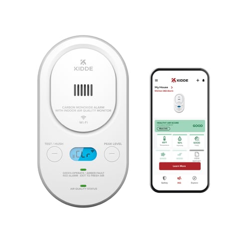 Front of the COPDLQW and a smart phone featuring the Kidde app