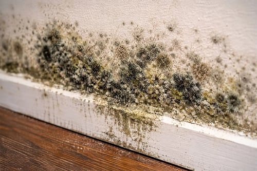 Mold grows along a wall and baseboard trim in a home in Myrtle Beach