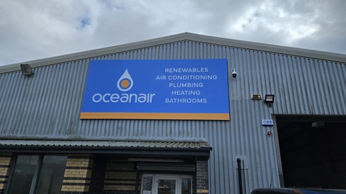 The front view of the Oceanair Airdrie building with the Oceanair logo.