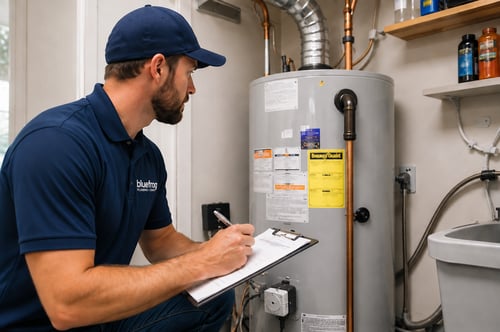 bluefrog plumber inspecting water heater.