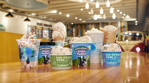 Ben & Jerry's Patchogue ice cream shop menu item range, including waffle cones, sundaes, shakes, fresh packed pints, and more!