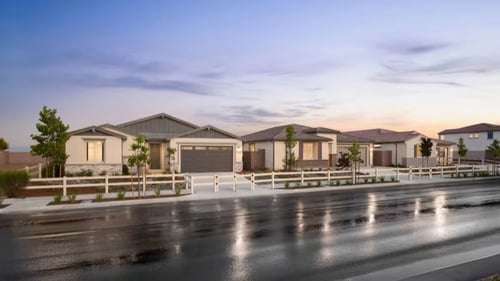 Street view of model homes in Botanica at Park West by Pulte Homes in Perris, CA.