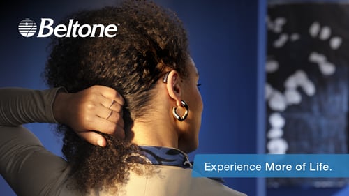 GBP Cover photo – Person wearing a Beltone Envision hearing aid with the tagline “Experience More of Life.”