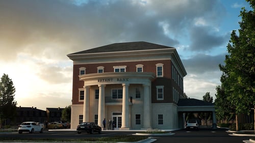 An architectural rendering of a grand, three-story brick Bryant Bank building with a neoclassical white columned entrance.