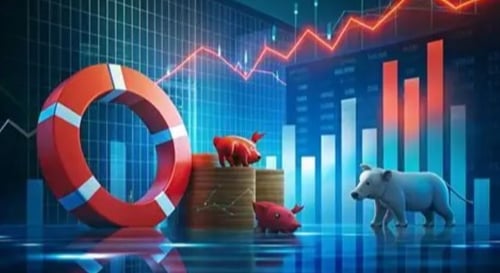 A room with financial charts for walls, with a life preserver and giant coins stacked against one wall with piggy banks on them.