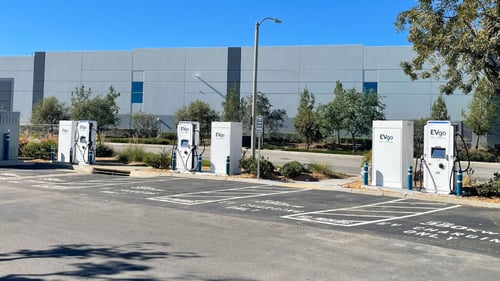 Several EVgo fast-charging units installed in marked parking spaces at a public charging station, with EVgo logos on the chargers, protective bollards around each unit
