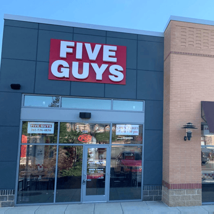 Photo of the entrance to the Five Guys restaurant at 2490 Market St. NE in Washington DC.