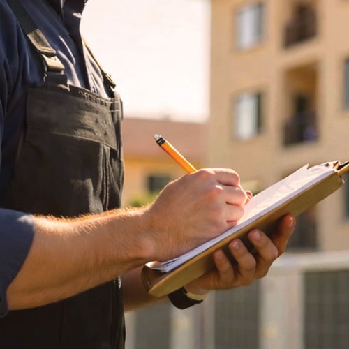 A person writing information onto a clipboard.