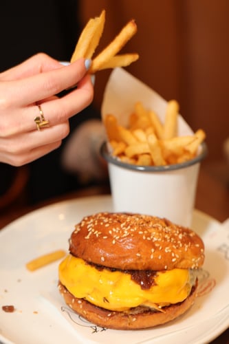 smash burger with french fries and cheese from lunch menu
