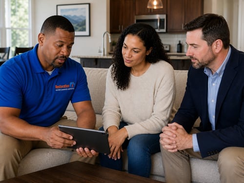 Restoration 1 of NW Cobb professional reviewing a restoration plan on a tablet with a homeowner and insurance agent.