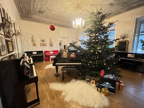 Auf diesem Bild erkennt man unseren weihnachtlich geschmückten Klaviersalon. Inmitten von Pianos und Flügeln steht ein über vier Meter hoher geschmückter Christbaum. Wir freuen uns auf Ihren Besuch.