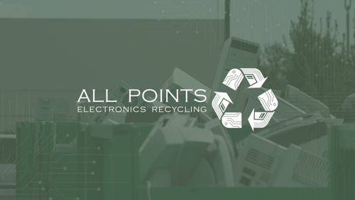 Pile of old electronic devices awaiting recycling overlaid with All Points Electronics Recycling logo