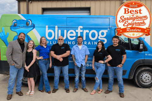 Bluefrog Plumbing + Drain of Metro Fort Worth team with their service van and 2026 Best of Springtown Epigraph Readers award.
