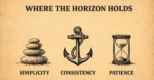 An illustration of a stack of stones, a ship anchor, and an hourglass, depicting simplicity, consistency, and patience.