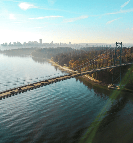 Aerial view of the Lions Gate Bridge in Vancouver, British Columbia.