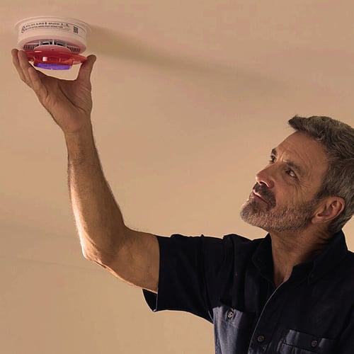 A contractor installs the dust screen onto a newly installed smoke alarm.